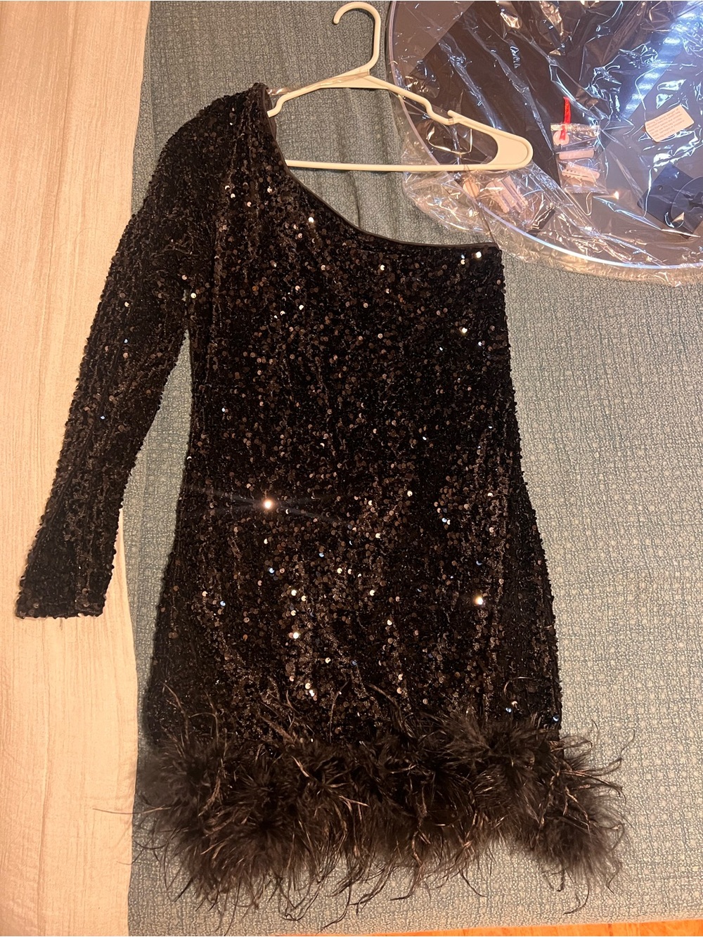 Fashion Nova Black Sequin One-Shoulder Feather Hem Dress